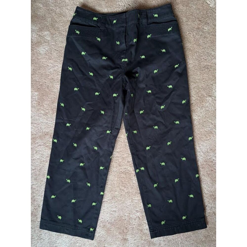 Kate Hill Y2K Navy Turtle Cotton Capri Pants Green Embroidered Size 4